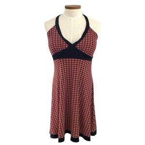 Vintage SIZE 18 Y2K Halter Dress Red Black Print Neck & Waist Ties Stretch XL 1X